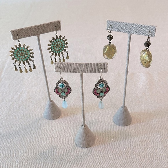 Set of 3 Earrings Green, Pink & Burnished Gold Bohemian Style Collection Bundle - Picture 1 of 12